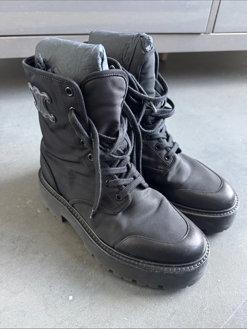 Celine Black Platform Combat Ankle Boots